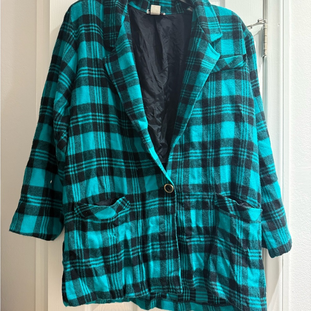 Wool Plaid Women's Jacket in Teal and Black